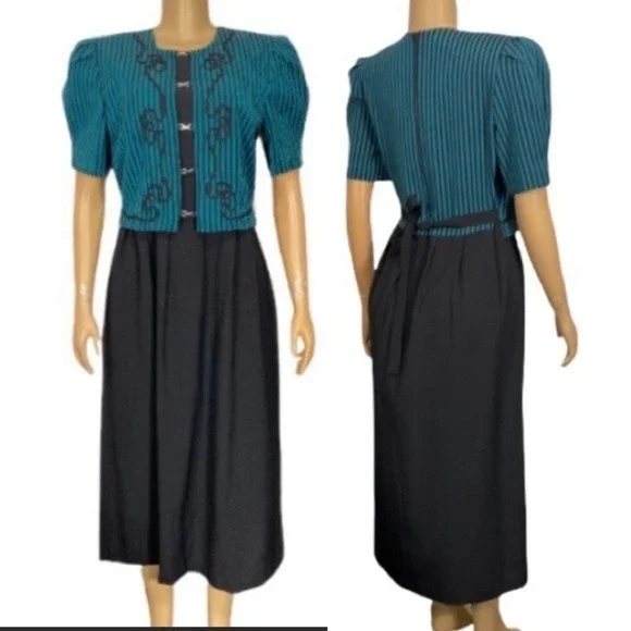 80s Miss Dorby DressTie Back Midi Black Green striped short sleeves size 10 - Picture 11 of 15